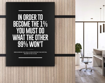 May include: Black and white motivational poster with the text "IN ORDER TO BECOME THE 1% YOU MUST DO WHAT THE OTHER 99% WON'T" and the smaller text "WHEN ACHIEVING YOUR GOALS IS MORE IMPORTANT THAN PARTYING, WELCOME TO THE 1% CLUB."