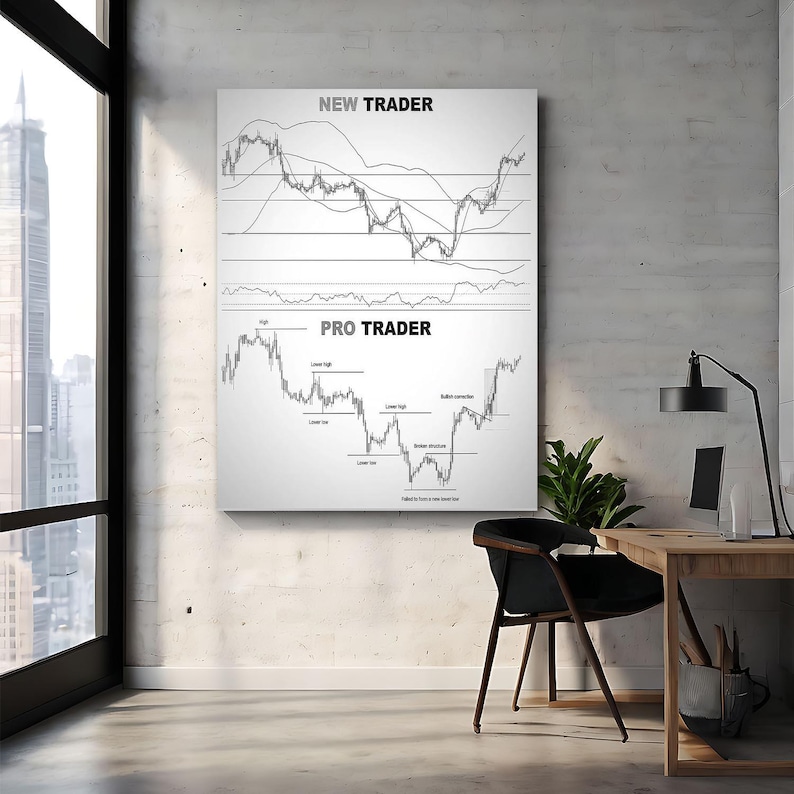 May include: A black and white canvas print displaying stock market charts. The top section reads "NEW TRADER" and the bottom section reads "PRO TRADER". The charts show lines and labels indicating market trends and patterns. The print is mounted on a white wall.