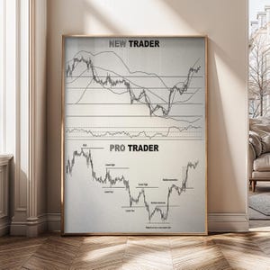 May include: A framed print with a light background, featuring two sections labeled "NEW TRADER" and "PRO TRADER." Each section displays a black and white stock market graph with lines and annotations. The print is in a gold frame.