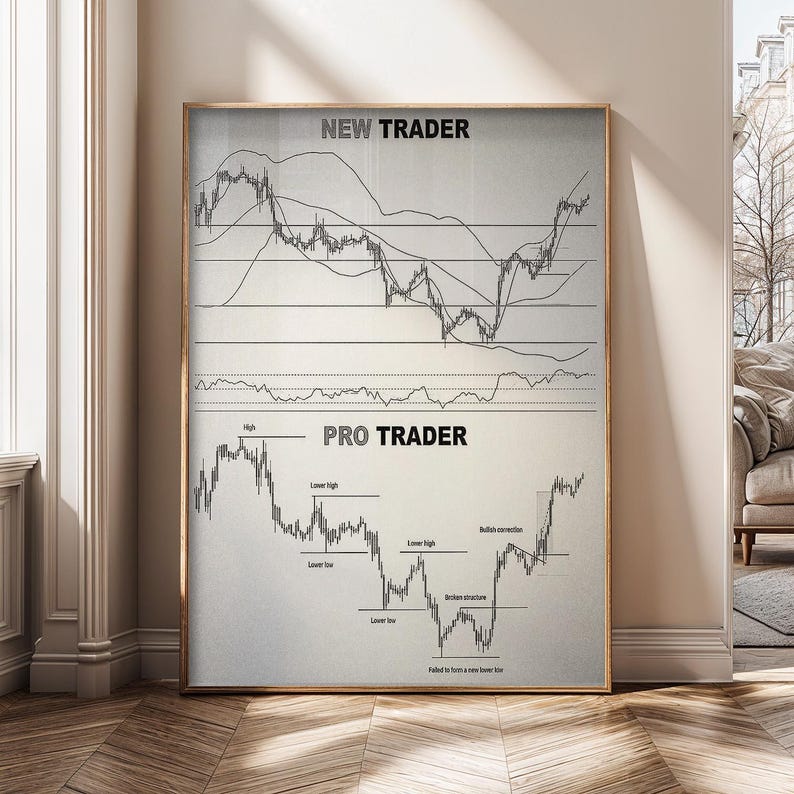 May include: A framed print with a light background, featuring two sections labeled "NEW TRADER" and "PRO TRADER." Each section displays a black and white stock market graph with lines and annotations. The print is in a gold frame.