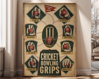 Cricket Vintage Wall Art, Bowling Technique Canvas Print, Cricket Player Gift, Sports Club Decor, Coach Poster, Digital Download- SH693
