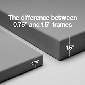 May include: Two gray canvas frames shown side by side to illustrate depth. The text reads: The difference between 0.75" and 1.5" frames. One frame has a depth of 0.75 inches, while the other frame has a depth of 1.5 inches, clearly labeled.