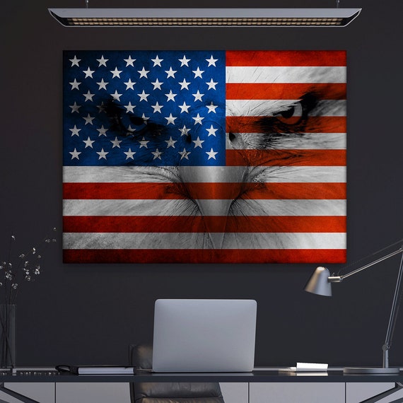 Patriotic American Flag Eagle Wall Art Canvas | USA Flag Bald Eagle Poster | Office Decor | Patriotic Home Decor | Framed Wall Art