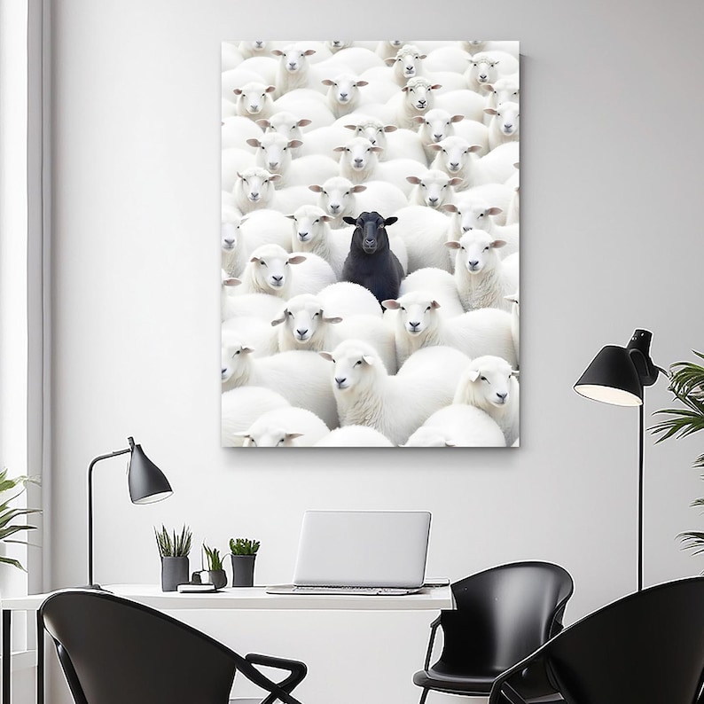 Impression sur toile d'art mural mouton noir - affiche pour se démarquer de la foule, décoration de bureau motivante, art de l'état d'esprit d'entrepreneur, impression de tendance image 3