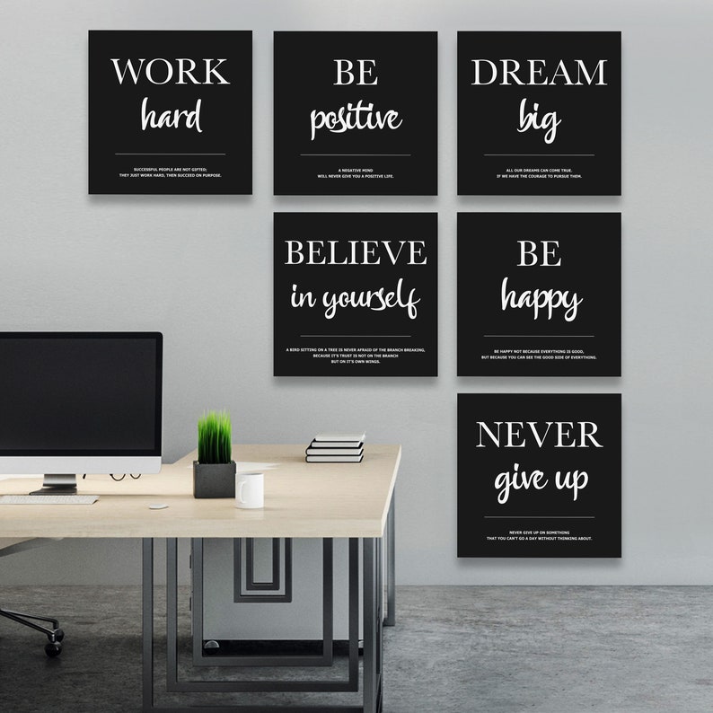 6x Motivational Wall Art Set, Office Quote Prints, Black and White ...