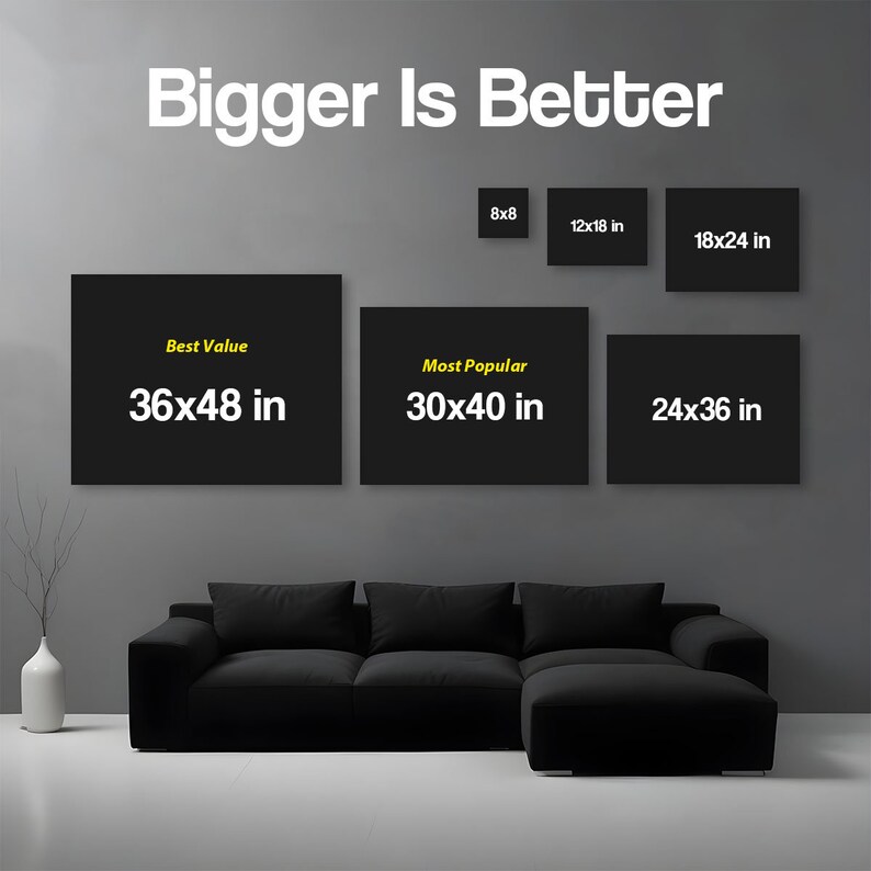 May include: A comparison of different sizes of canvas prints, with the text "Bigger Is Better" at the top. The sizes are 8x8 inches, 12x18 inches, 18x24 inches, 24x36 inches, 30x40 inches, and 36x48 inches. The largest size is labeled "Best Value" and the second largest is labeled "Most Popular".