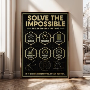 May include: A black rectangular wall art print featuring gold text and graphics. The title reads SOLVE THE IMPOSSIBLE THE ENGINEER'S METHOD. It displays six hexagonal icons with labels: DEFINE THE PROBLEM, QUESTION THE ASSUMPTION, CALCULATE, IMPROVE THE SYSTEM, TEST THE LIMIT, BUILD THE MODEL, and the text IF IT CAN BE UNDERSTOOD, IT CAN BE BUILT.