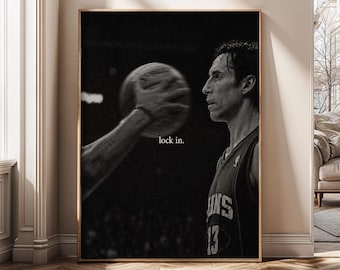 Steve Nash Lock In Poster, Basketball Kunst, NBA Legende Leinwanddruck, Schwarz Weiß Sport Druck, Fitnessstudio Büro Dekor, Motivationskunst - SH432