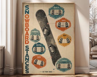 Vintage Snowboard Wall Art, Retro Winter Sports Poster, Mountain Cabin Canvas Print, Snowboarder Gift, Chalet Decor, Digital Download- SH689
