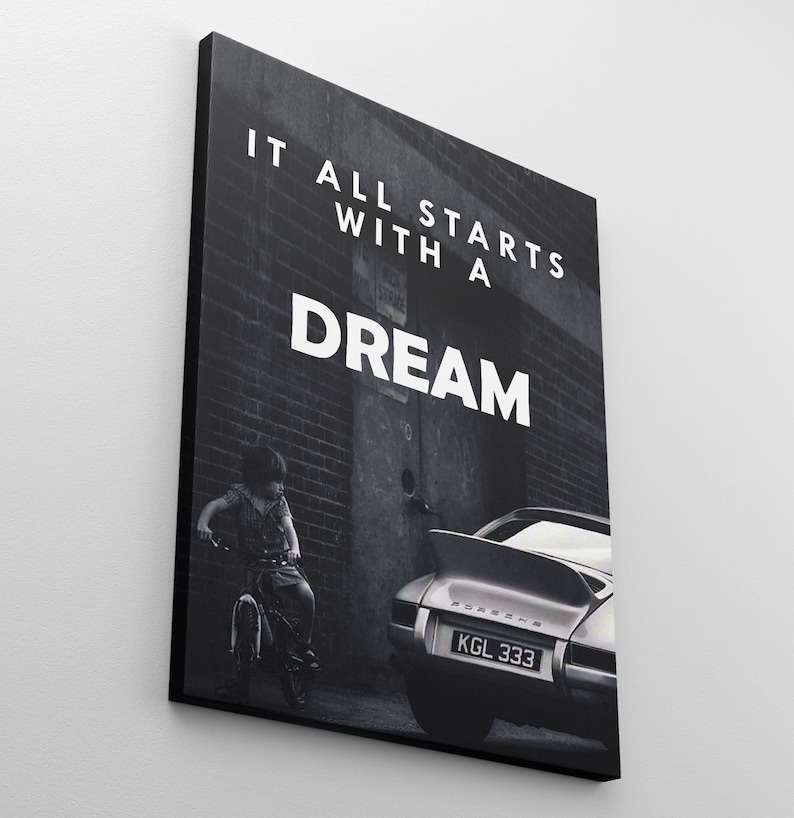 May include: Black and white photo of a child on a bicycle in front of a brick wall with the text "It all starts with a dream" and a silver Porsche with the license plate "KGL 333".