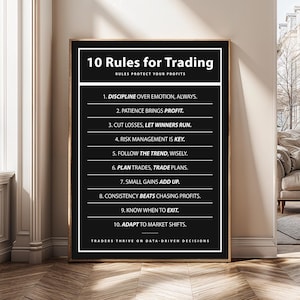 10 règles pour le trading d'oeuvres d'art murales : impression sur toile Trader Rules, affiche de la bourse, décoration de bureau de trading, cadeau d'investisseur, oeuvre d'art sur l'état d'esprit de trading