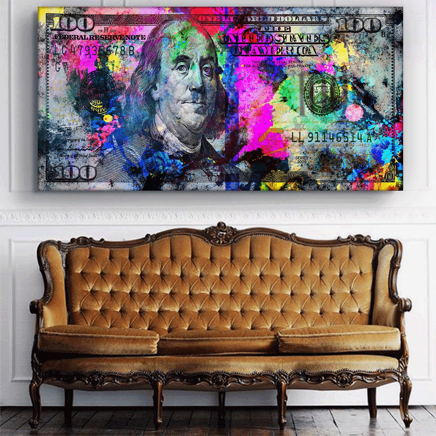  Inktuitive 'Money Press (Original)' Inspirational Wall Art, 100 Dollar Bill Canvas Print, Motivational Décor for Bedroom, Living Room  & Business Office