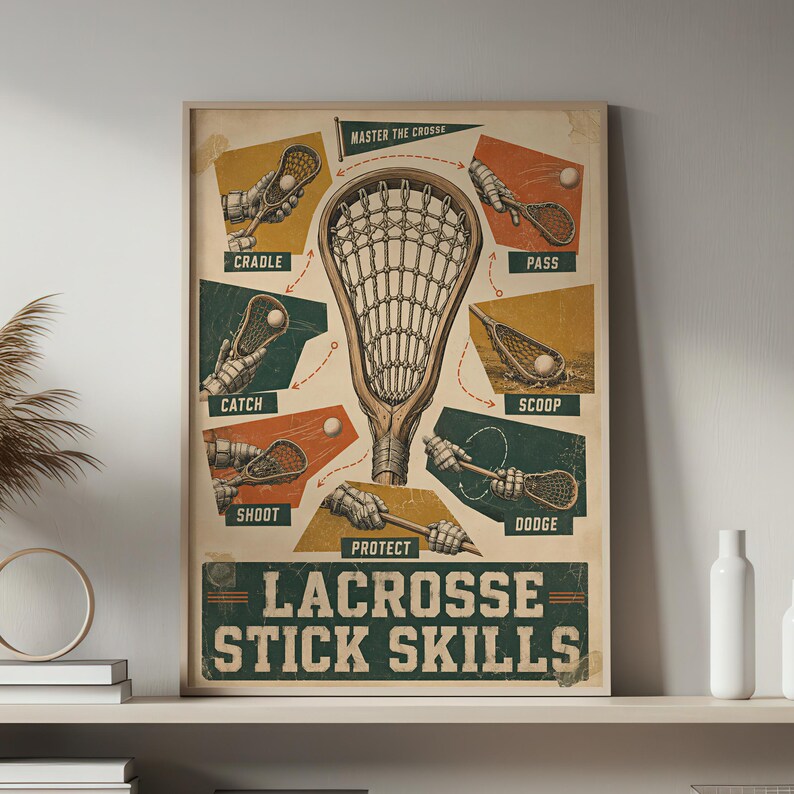 May include: A vintage-style instructional poster titled Lacrosse Stick Skills featuring a large central lacrosse stick head surrounded by six smaller illustrations demonstrating techniques labeled cradle, pass, catch, scoop, shoot, and dodge.