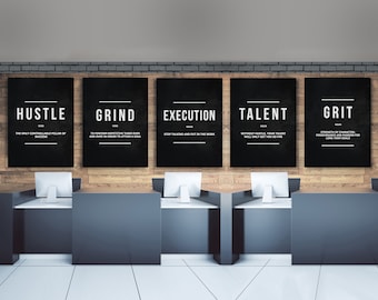 5x Hustle, Grind, Execution, Grit, Talent Wall Art Canvas Prints Office Decor Motivational Modern Art Inspirational Sign Noun Verb Quote