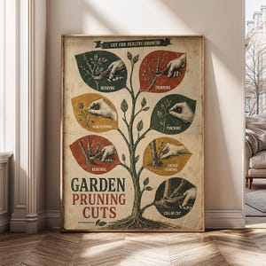Op de afbeelding: Een verticale poster met de titel Garden Pruning Cuts met een centrale boomillustratie met zes bladvormige vignetten. Elk blad toont een hand die een specifieke snoeitechniek uitvoert, gelabeld met Heading, Thinning, Deadheading, Pinching, Renewal, Sucker Removal en Collar Cut.