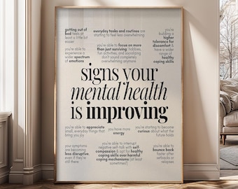 Signs Your Mental Health Is Improving Wall Art, Mental Health Poster, Therapy Office Decor, Self Care Quote Canvas Print - SH65