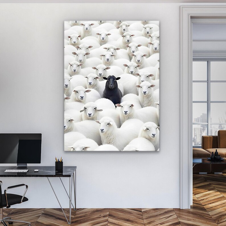 Impression sur toile d'art mural mouton noir - affiche pour se démarquer de la foule, décoration de bureau motivante, art de l'état d'esprit d'entrepreneur, impression de tendance image 2