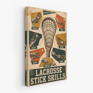 May include: A rectangular canvas print featuring a large central lacrosse stick surrounded by smaller illustrations demonstrating techniques labeled cradle, pass, catch, scoop, shoot, dodge, and protect, with the text LACROSSE STICK SKILLS at the bottom.