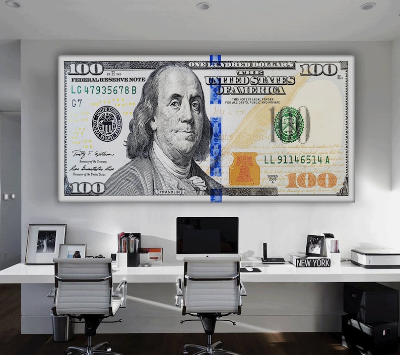 100 Dollars Bill Ben Franklin Money Art Canvas Print Wall Art Etsy