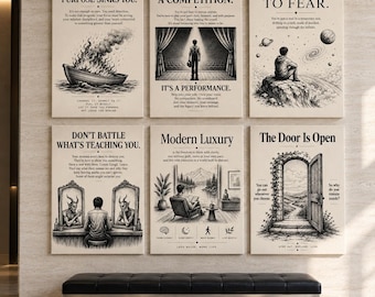 6x Motivational Wall Art Set, Mindset Canvas Prints, Inspirational Office Decor, Self Growth Posters, Neutral Beige Wall Art