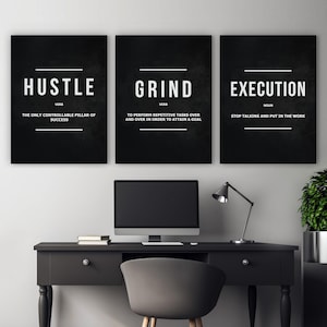 Motywacyjne 3-częściowe wydruki na płótnie, zestaw ściennych dzieł sztuki, dekoracja biurowa, wydrukowany znak Hustle Grind Modern Art, plakat z inspirującymi cytatami dotyczącymi wykonania