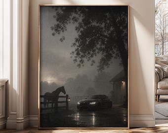 Moody Horse Wall Art, Luxury Car Canvas Print, Dark Farm Photography, Foggy Landscape Poster, Rustic Modern Decor, Office Art - SH516