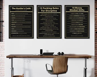 3x Motivational Wall Art Bundle | Hustle Mindset Posters | Discipline & Money Mindset Quotes | Entrepreneur Office Decor