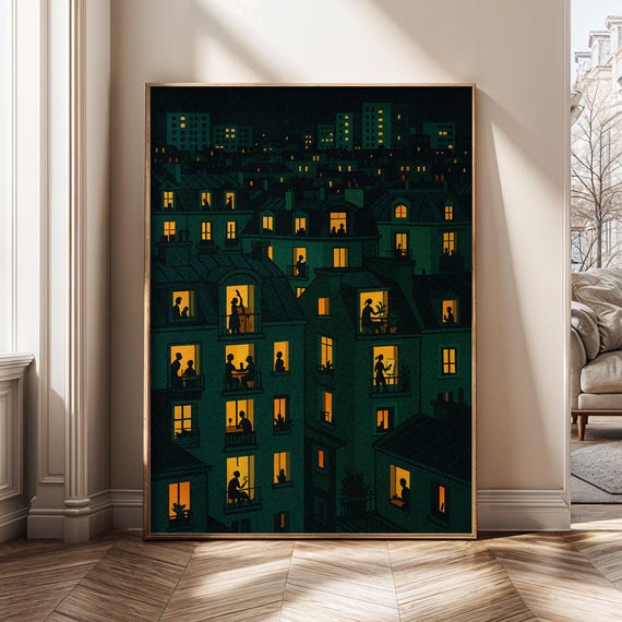 Night City Apartment Windows Art – Cozy Urban Wall Art Print & Digital Download | Modern Cityscape Poster for Home Decor