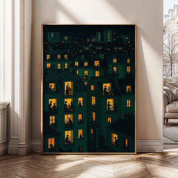 Arte de ventanas de apartamentos en la ciudad nocturna: lámina decorativa urbana acogedora y descarga digital / Póster moderno de paisaje urbano para la decoración del hogar.