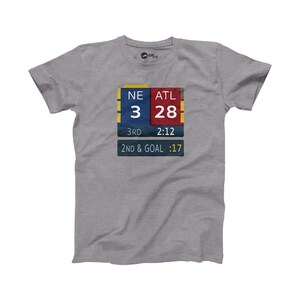 May include: A heather grey t-shirt with a vintage-style scoreboard graphic. The scoreboard shows the score of a football game between NE and ATL, with ATL leading 28 to 3. The clock reads 2:12 in the 3rd quarter. The bottom of the scoreboard reads "2nd & Goal :17".