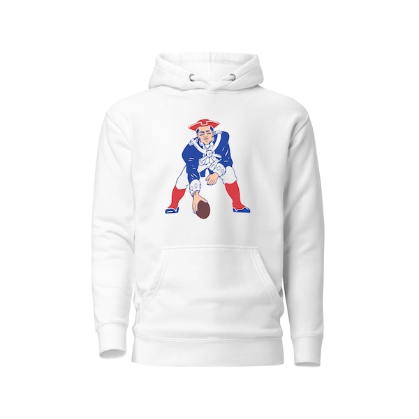 Tom Brady Patriots Hoodie • New England Retro Logo Parody • Goat QB as Throwback Emblem Face • White Hooded Sweatshirt Size S M L XL 2XL 3XL