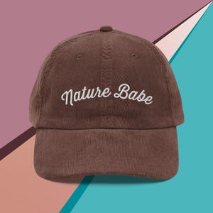 Nature Babe Vintage Style Corduroy Hat | Retro Outdoor Cap | Unisex Baseball Hat | Classic Embroidered Hiking Cap | Nature Saying Dad Hat