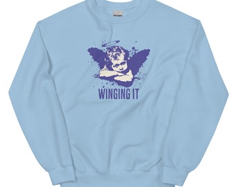 Winging It Angel Wings Sweatshirt, Unisex Gildan Crewneck, Casual Cute Retro Shirt, Distressed Graphic Tee, Colorful Trendy Y2K Aesthetic