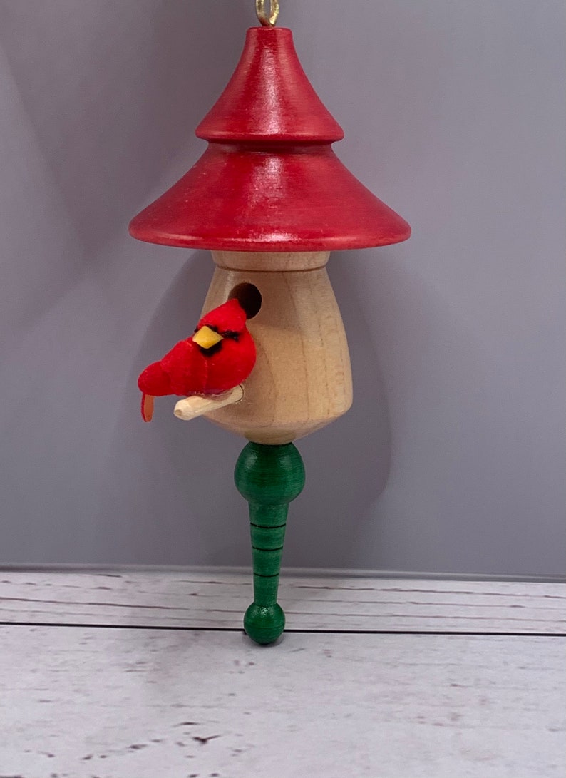 Latheturned Maple Wood Birdhouse Ornament Cardinal Bird Red & Green