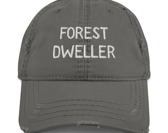 Forest Dweller Embroidered Distressed Dad Hat – Witchy Cottagecore Hat, Forestcore Aesthetic Gift, Woodland Wanderer Cap, Hiking Apparel