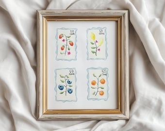 Fruit Stamp Watercolor Art Print, Kitchen Wall Art, Farmhouse, Garden, Cottage, Whimsical Botanical