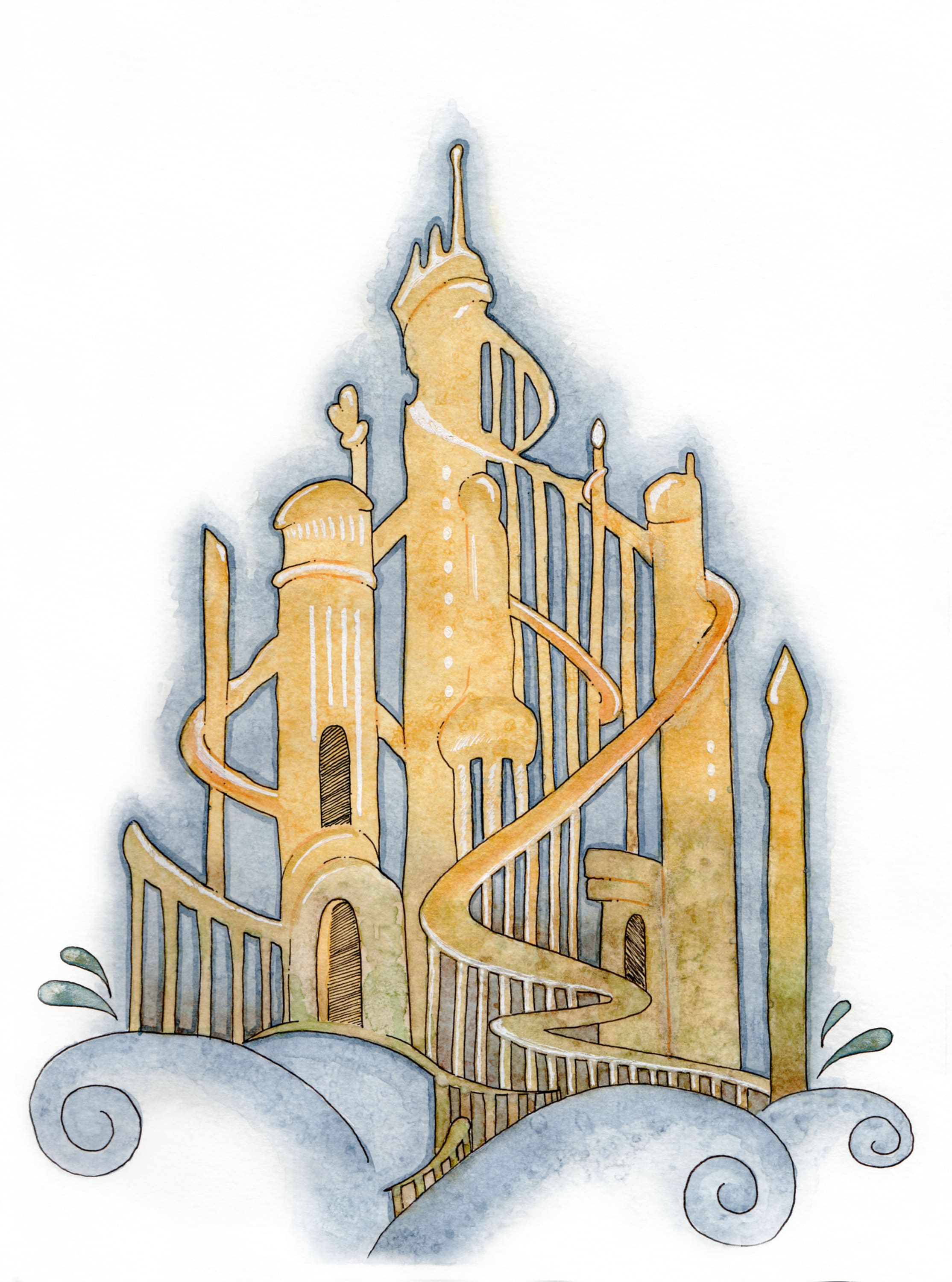 Little Mermaid, Acropolis, Blue, Yellow, Gold, Disney Castle Painting