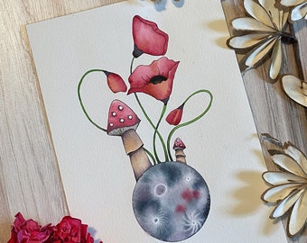 Poppy, Poppies, Botanical, Floral, Illustration, Moon, Mushroom, Mushrooms abstract, watercolor