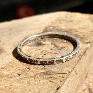 Hand forged hammered texture silver stacking ring
