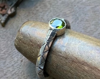 Hand made silver carved band peridot stacking ring