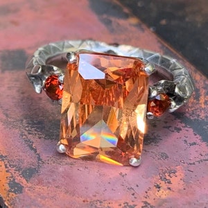 Padparadscha cultured Sapphire silver hand carved band Statement ring with natural garnet accents