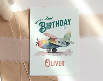 2nd Birthday Card, Second Birthday Card, Personalised Name Card, Kids Birthday Card, Personalised Birthday Card, Airplane Greetings Card