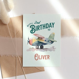Carte de 2e anniversaire, deuxième carte d'anniversaire, carte de visite personnalisée, carte d'anniversaire pour enfant, carte d'anniversaire personnalisée, carte de voeux avion