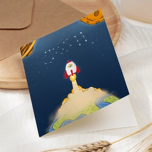 Tarjeta de cumpleaños personalizada del espacio, tarjeta de cumpleaños extraespacial, tarjeta personalizada, tarjeta de cumpleaños de Rocket Boy, tarjeta de felicitación, tarjeta con nombre para niños
