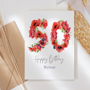 Personalisierte 50. Geburtstagskarte, Poppy 80. Geburtstagskarte, 50. Geburtstagskarte, 50. Karte, Alter 80 Karte, für Sie, für Mama, botanische Karte