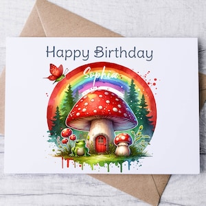 Carte d'anniversaire personnalisée, carte d'anniversaire fantaisiste, carte d'anniversaire forêt arc-en-ciel, intérieur vierge, carte d'anniversaire girly Woodland, carte champignon vénéneux