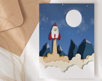 Off to the Moon Rocket Card, Happy Birthday Card, Space Kids Birthday Card, Blank Inside, Rocket Kids Card, Personalised Birthday Card