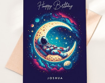 Personalised Astronaut Card, Happy Birthday Card, Space Kids Birthday Card, Blank Inside, Rocket Moon Galaxy Card, Name Birthday Card