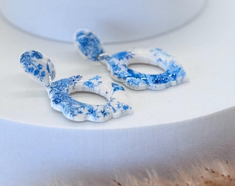 Handmade Chinoiserie Floral Polymer Clay Earrings, Blue and White Jewelry