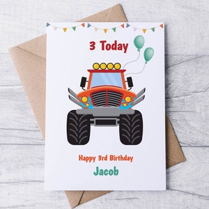 Carte personnalisée pour le 3e anniversaire de Monster Truck, carte de voeux pour garçon, fils, petit-fils et neveu, carte de véhicule pour enfant, carte d'anniversaire Color Me pour enfants